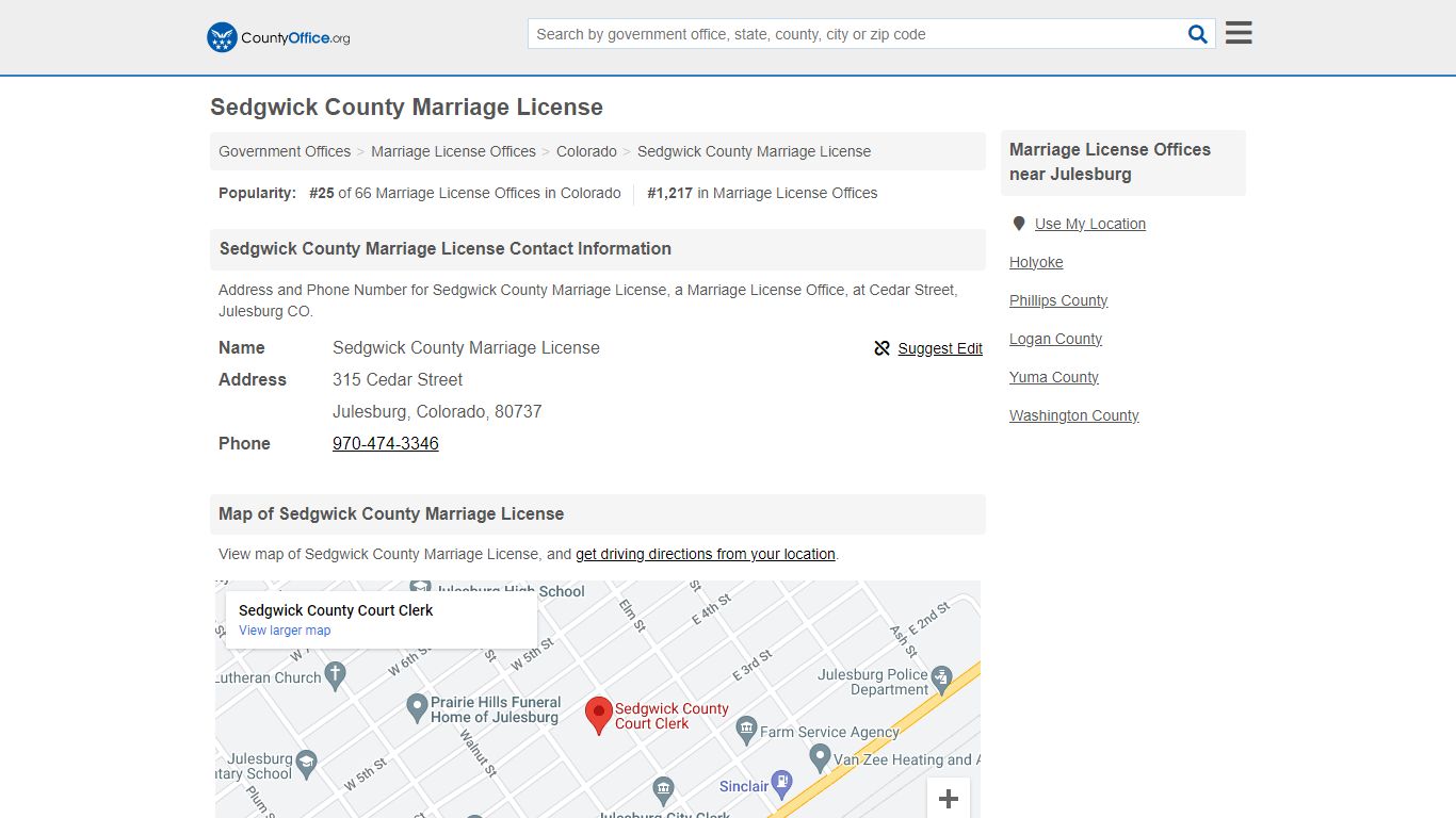 Sedgwick County Marriage License - Julesburg, CO (Address and Phone)